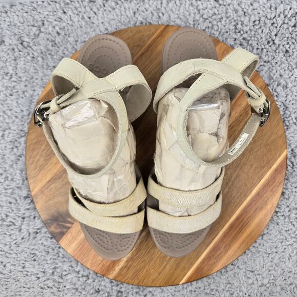 Crocs Leigh II Beige Canvas Leather Ankle Strap Casual Wedge Sandal Womens 9 - Picture 6 of 14